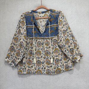 Lucky Brand Blouse Womens Large Blue Boho Peasant Tassel Tie Floral Paisley